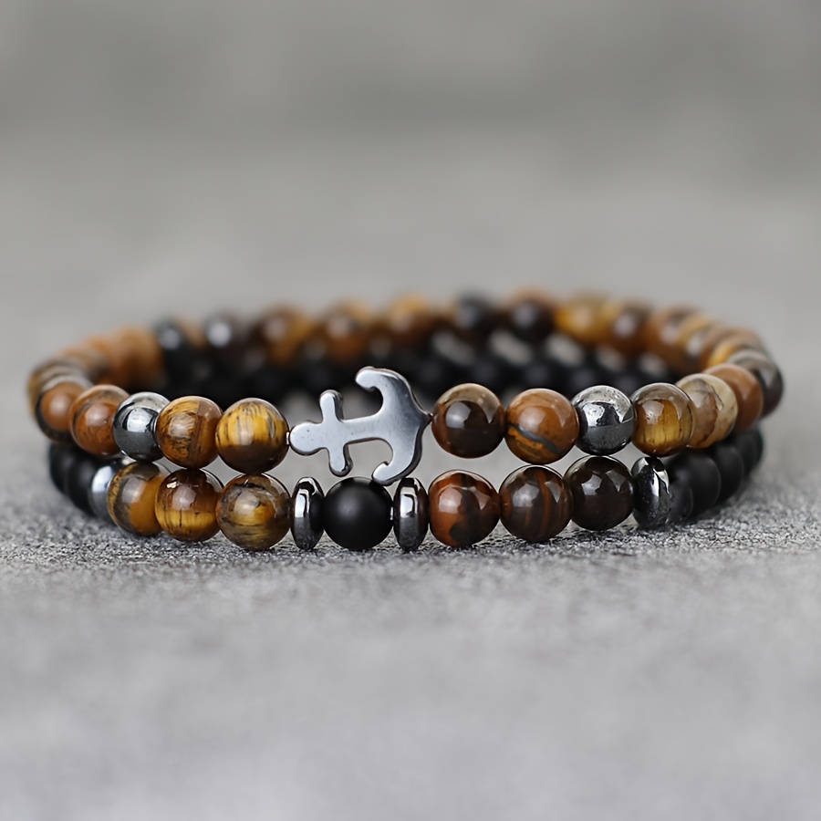 2pcs Vintage Stone Beads Stackable Anchor Bracelets for Men